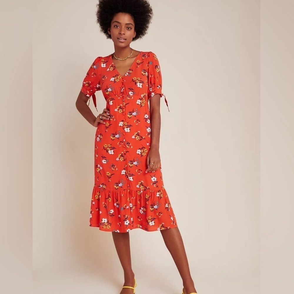 Anthropologie Maeve Eudora Orange Floral Print Midi Dress Sz 4